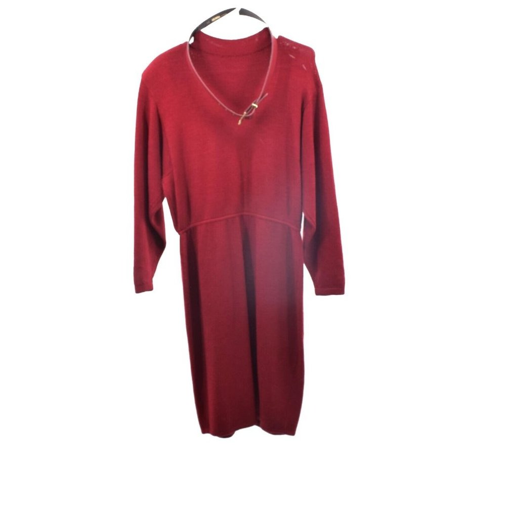 Women's Vintage St John Marie Gray Burgundy Wine Knit Dress 10 w/ Belt